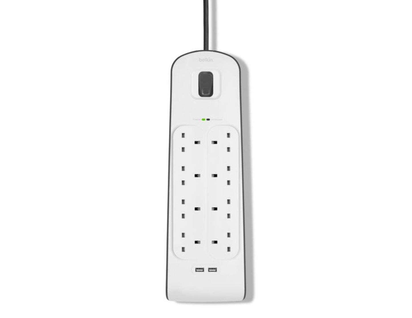 Belkin BSV804af2M 8-outlet surge protector with dual USB ports and 2m cord at Thabthaba Store Qatar.