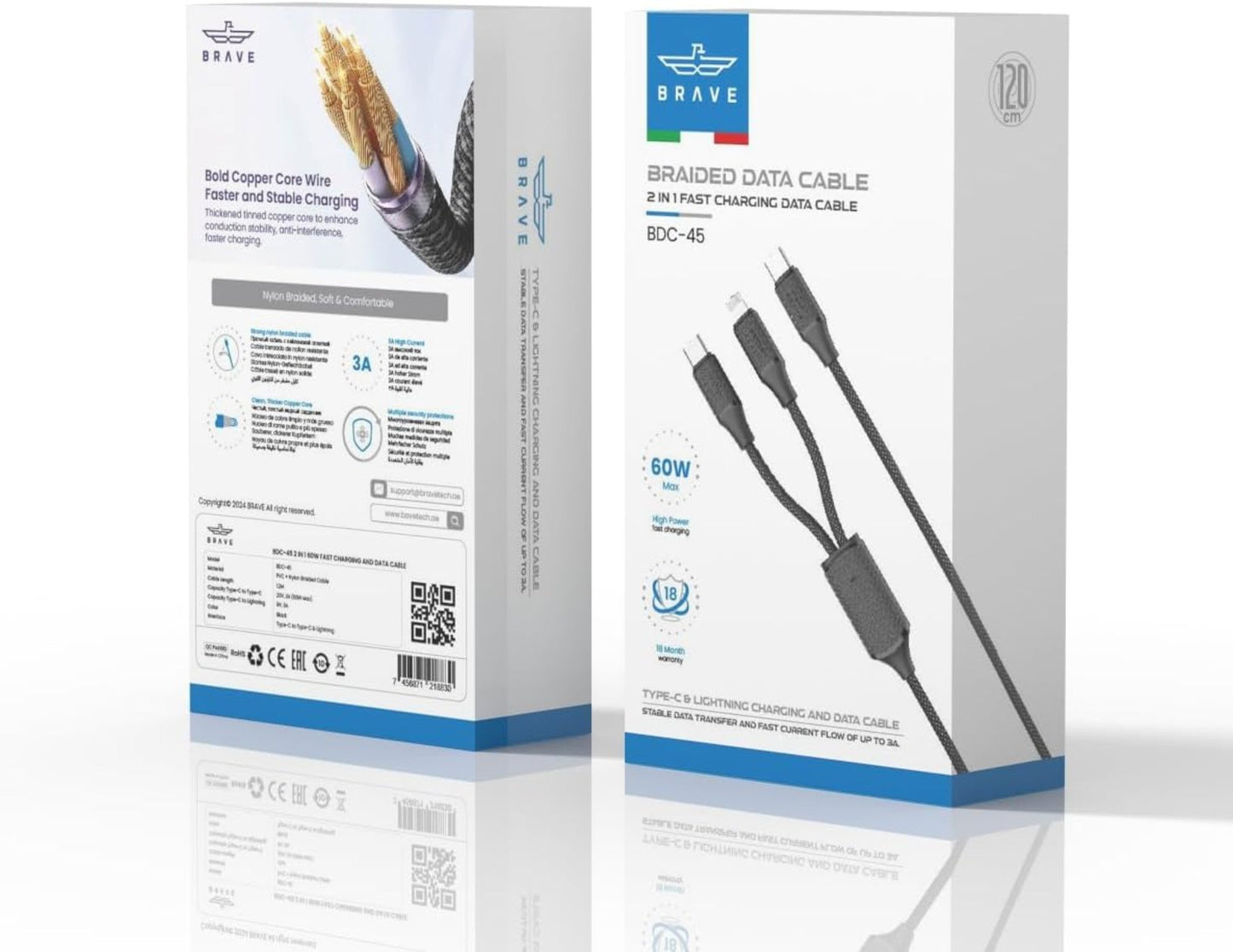 Brave 2-in-1 Type-C to Lightning 60W braided fast charging cable BDC-45 black 1.2m for iPhone, iPad, MacBook, Android Qatar