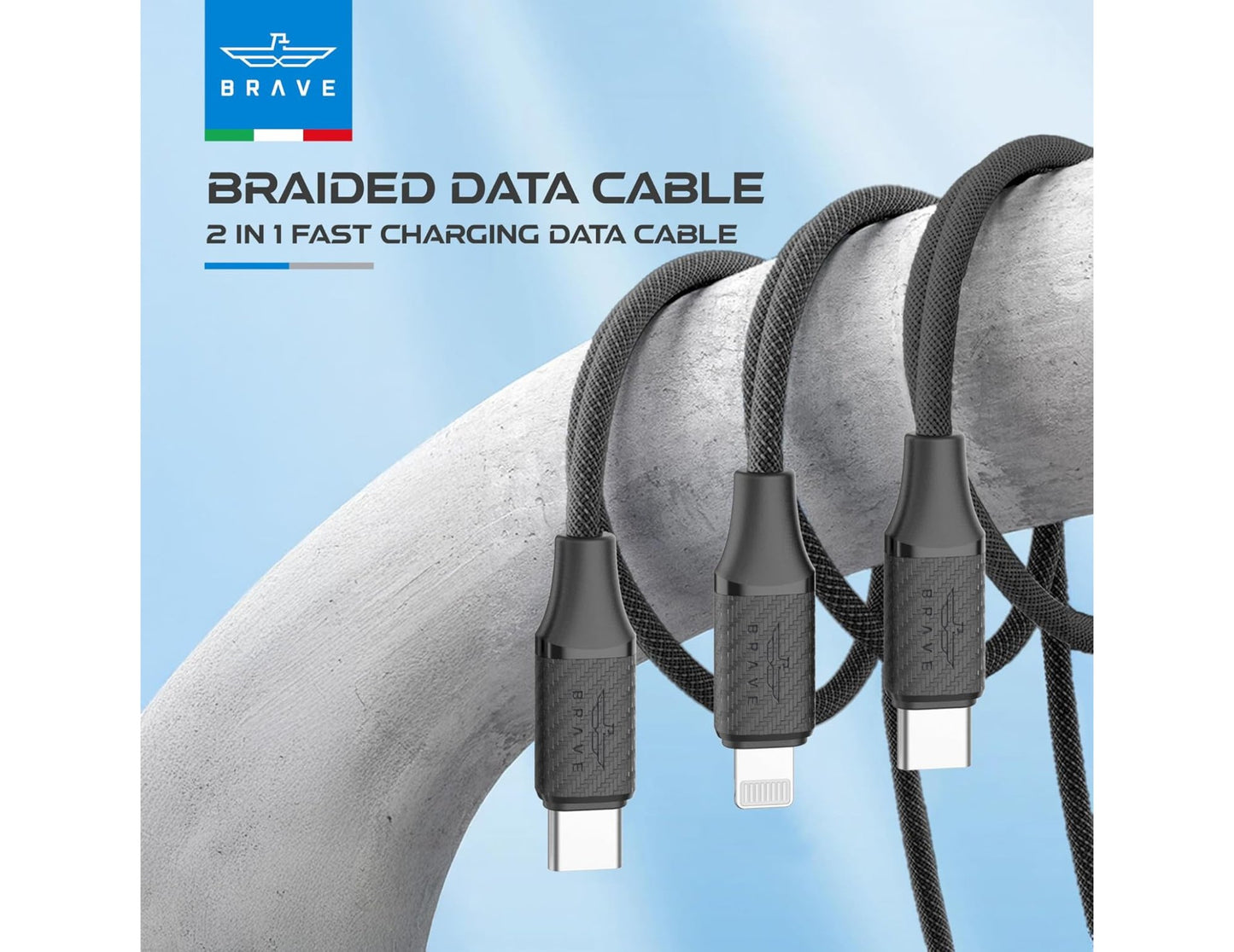 Brave 2-in-1 Type-C to Lightning 60W braided fast charging cable BDC-45 black 1.2m for iPhone, iPad, MacBook, Android Qatar