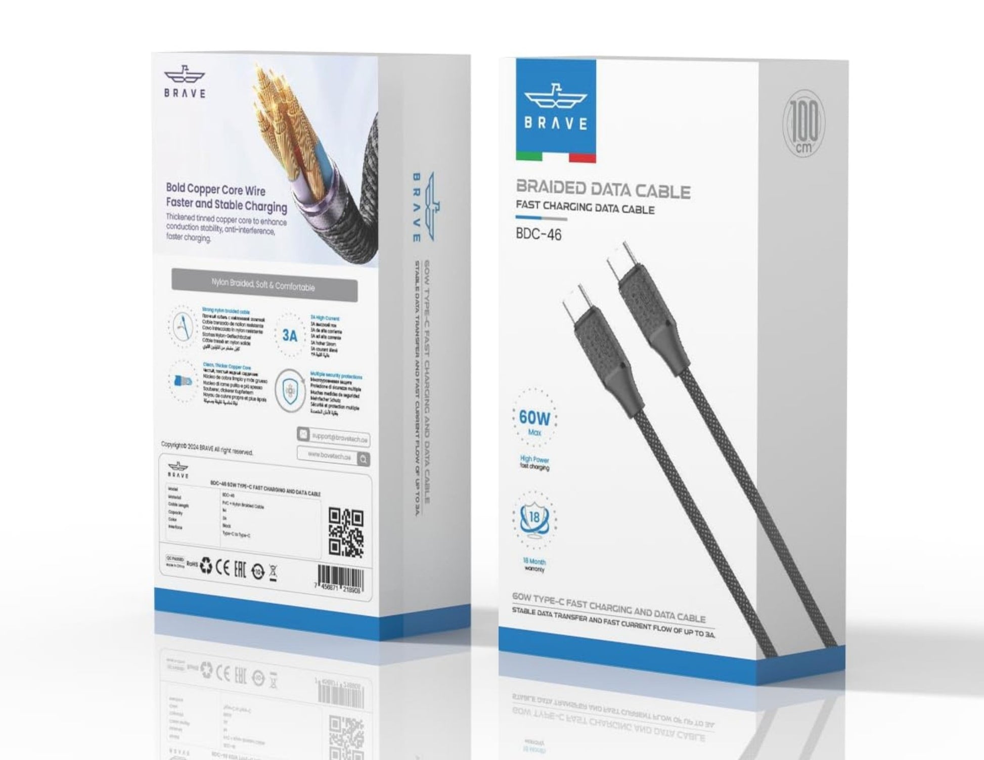 Brave BDC-46 USB-C to USB-C 60W fast charging braided data cable black 1m for laptops and phones in Qatar