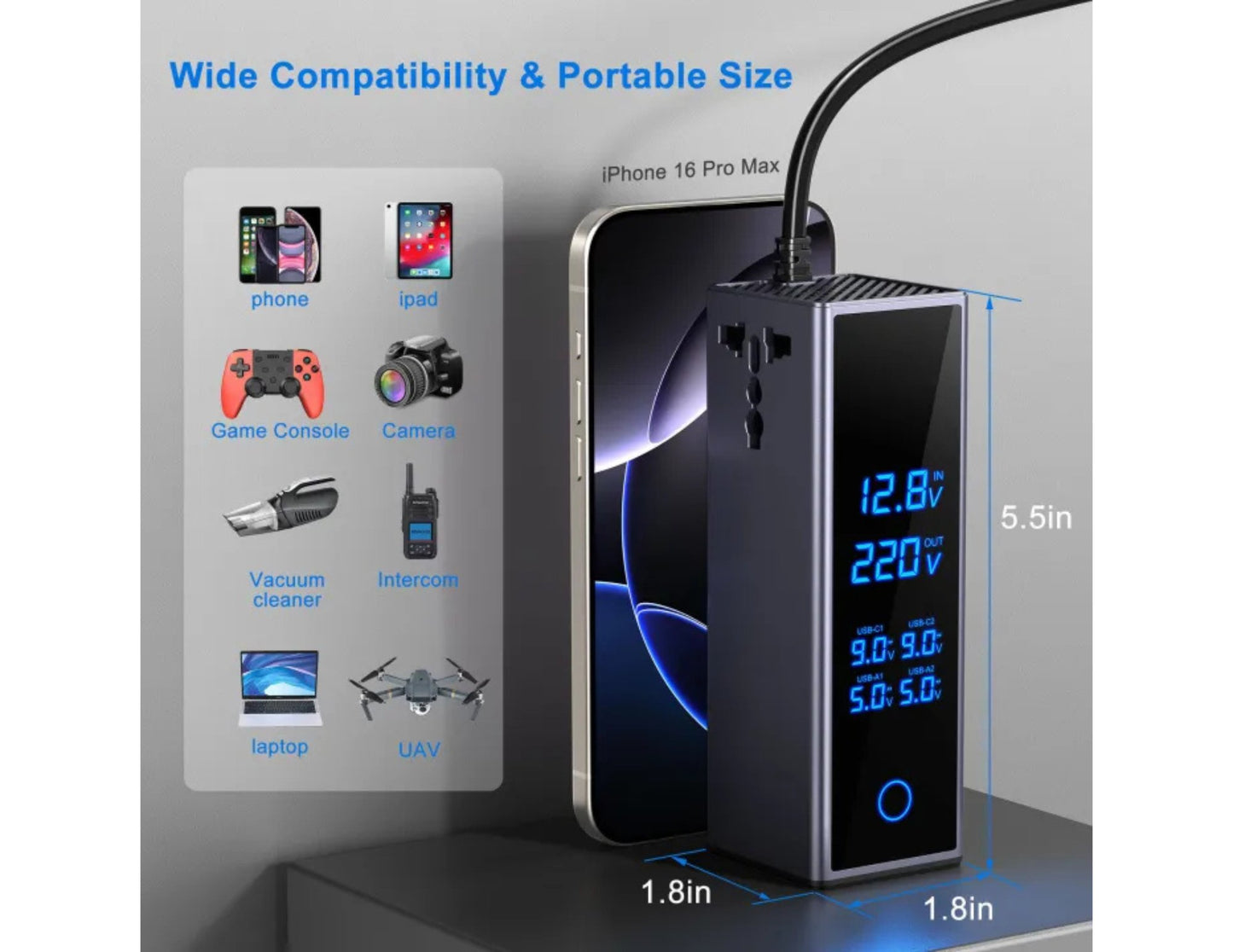 Car Power Inverter Seven-Ports 300W Model 7732 USB-C QC3.0 PD Qatar