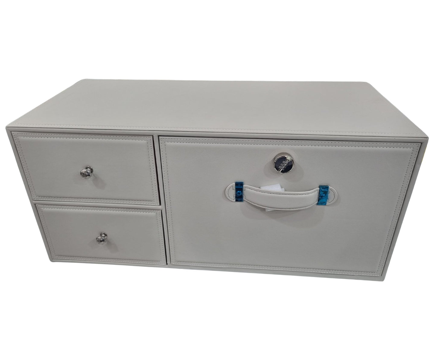 Front view of the car trunk storage box white with pass code lock, showing drawers and compartments.