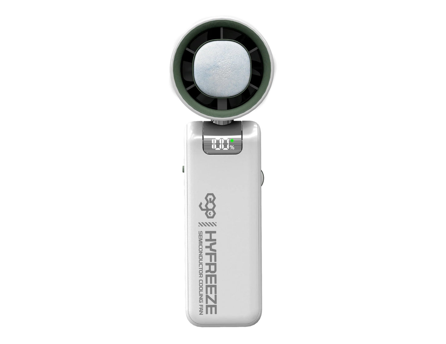 Ego HyFreeze Semiconductor Cooling Fan HF1 with 18 hours battery, LED display, and 180-degree adjustable angle, available at Thabthaba Store Qatar