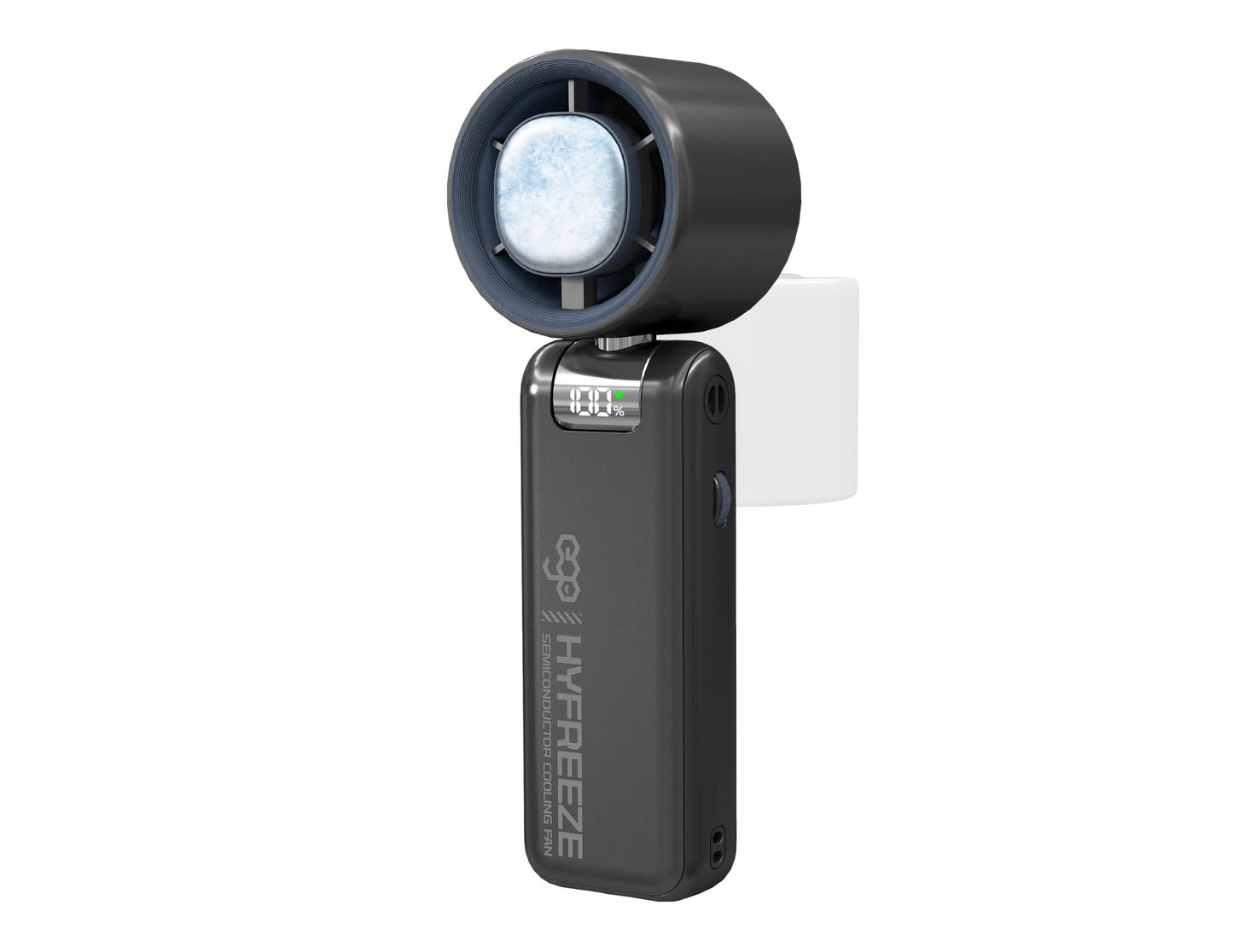 Ego HyFreeze Semiconductor Cooling Fan HF1 with 18 hours battery, LED display, and 180-degree adjustable angle, available at Thabthaba Store Qatar