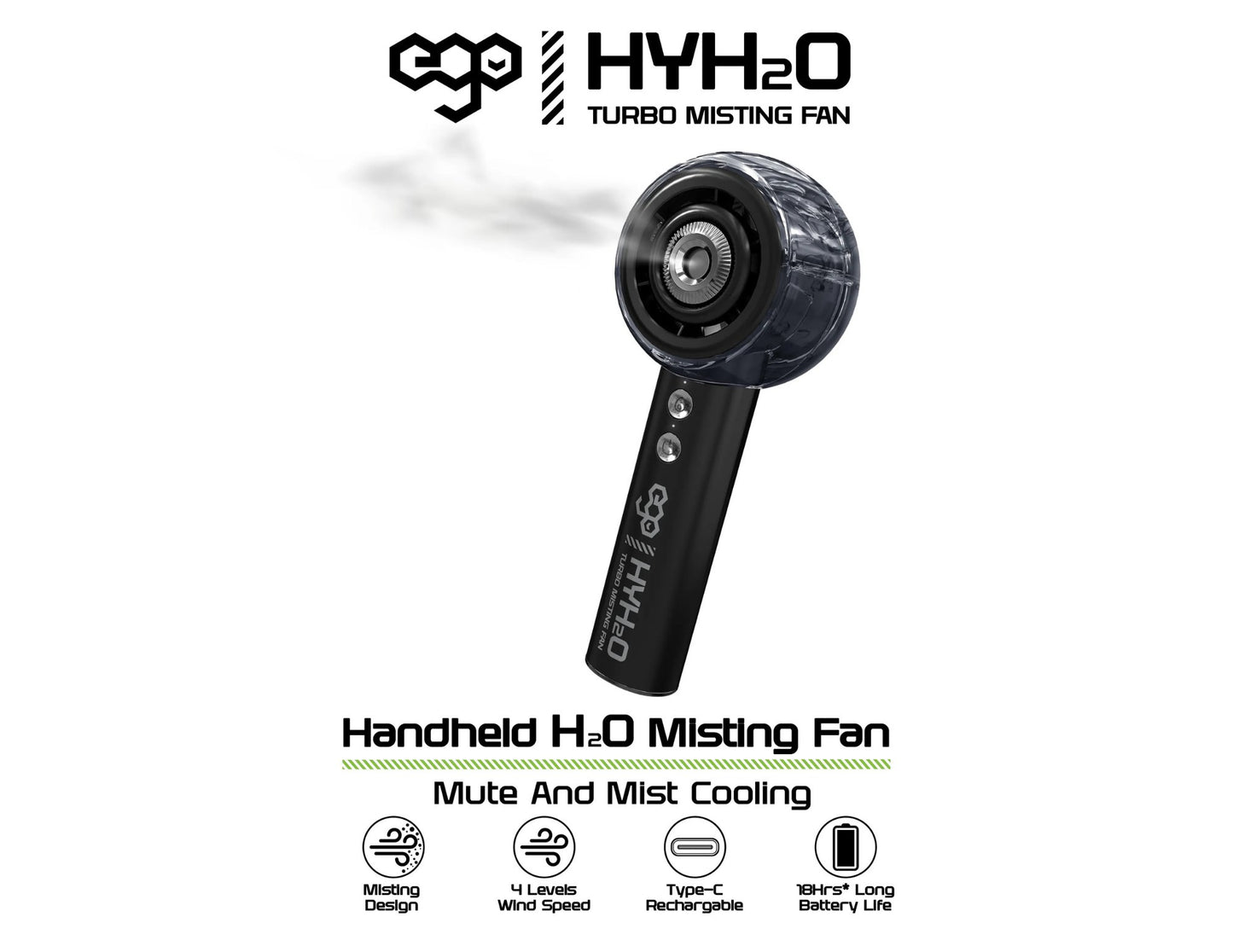 Ego HyH2O Turbo Misting Fan P11 water cooling spray with 18 hours battery life and Type-C charging, available at Thabthaba Store Qatar