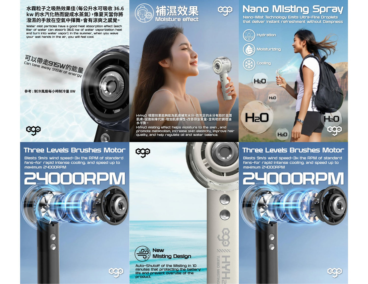 Ego HyH2O Turbo Misting Fan P11 water cooling spray with 18 hours battery life and Type-C charging, available at Thabthaba Store Qatar