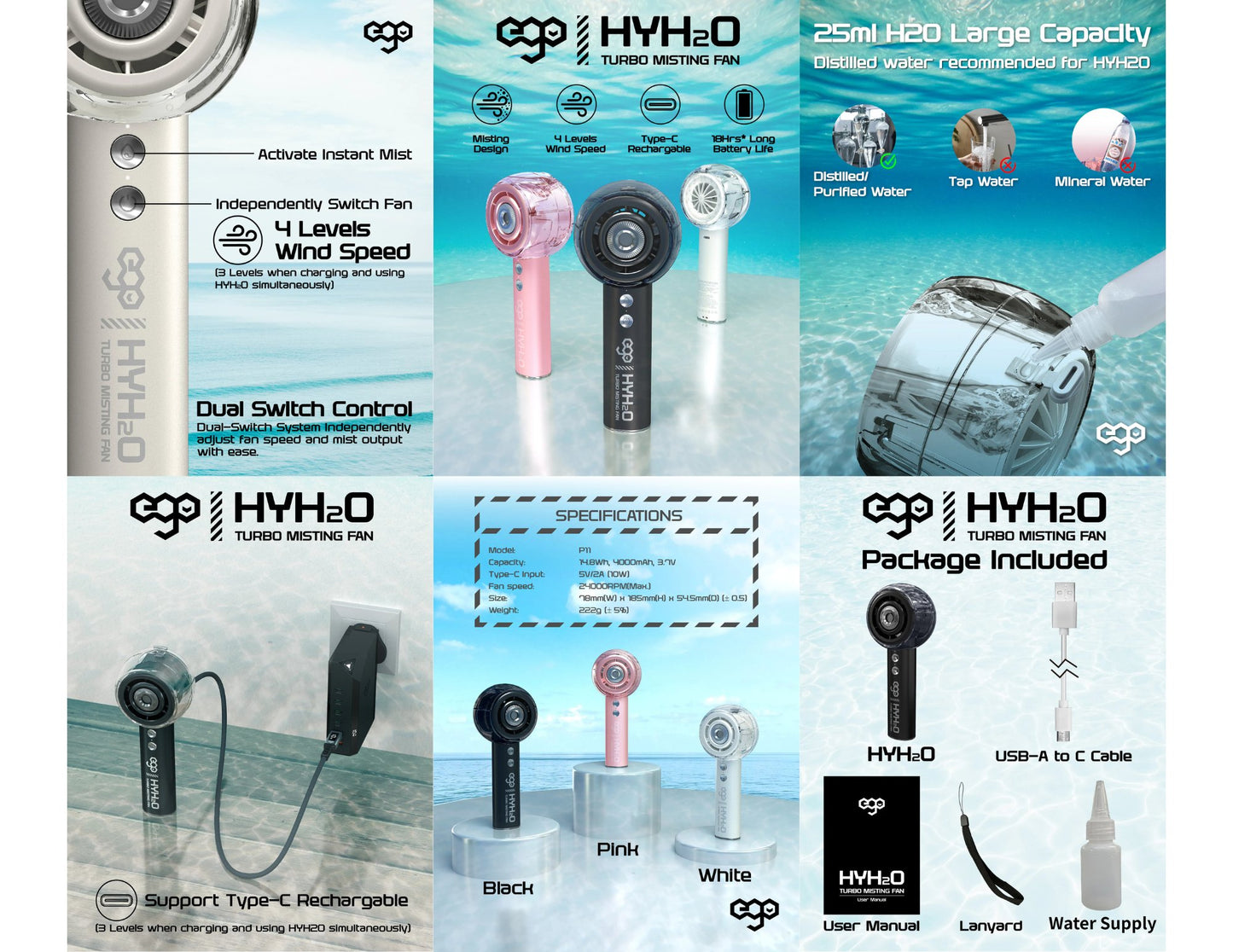 Ego HyH2O Turbo Misting Fan P11 water cooling spray with 18 hours battery life and Type-C charging, available at Thabthaba Store Qatar