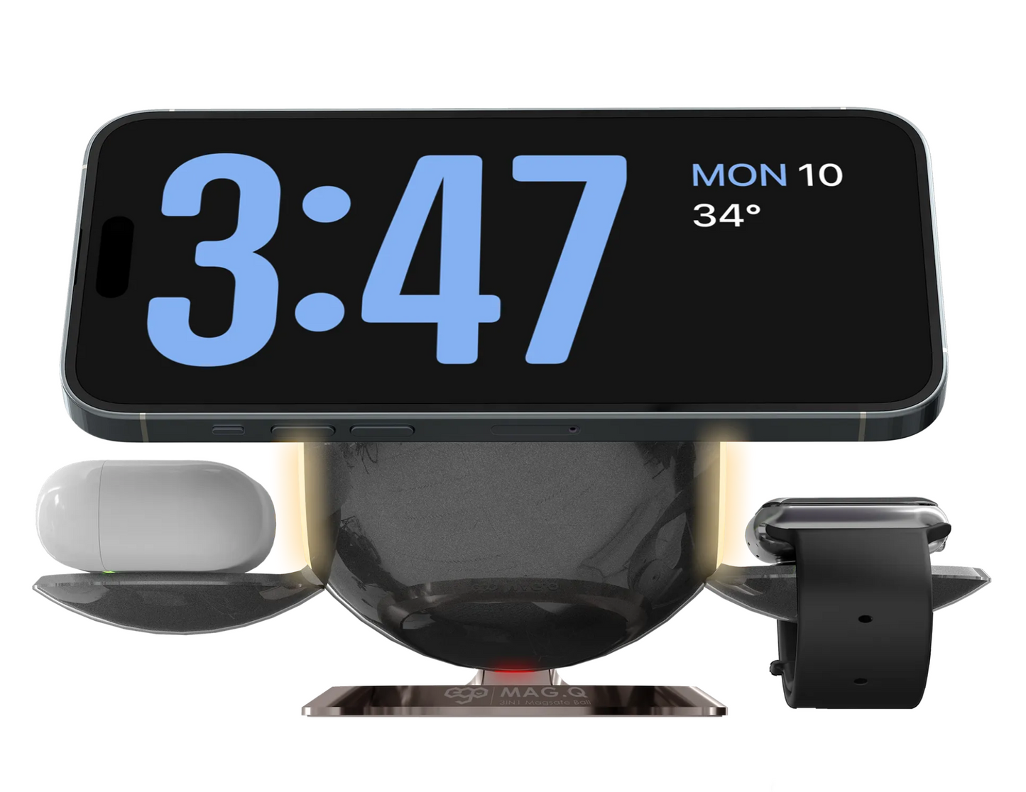 Front view of EGO Mag.Q 3-in-1 Magsafe Station with all devices charging.