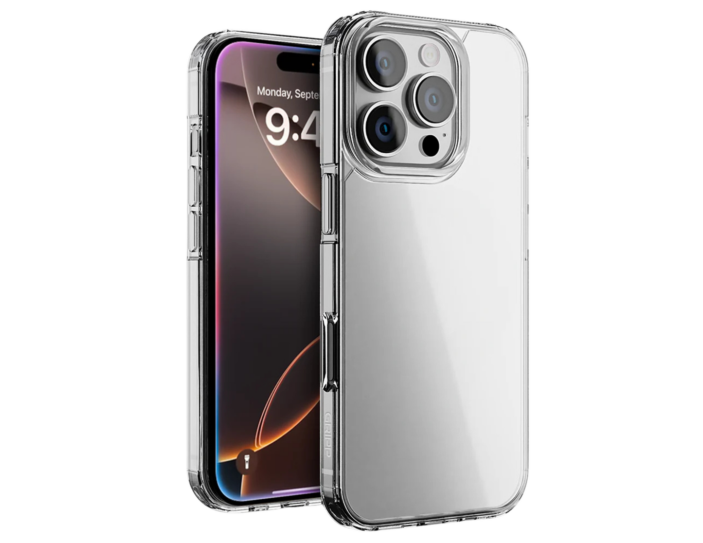 Front and back view of GRIPP Clear Case for iPhone 16 Pro.