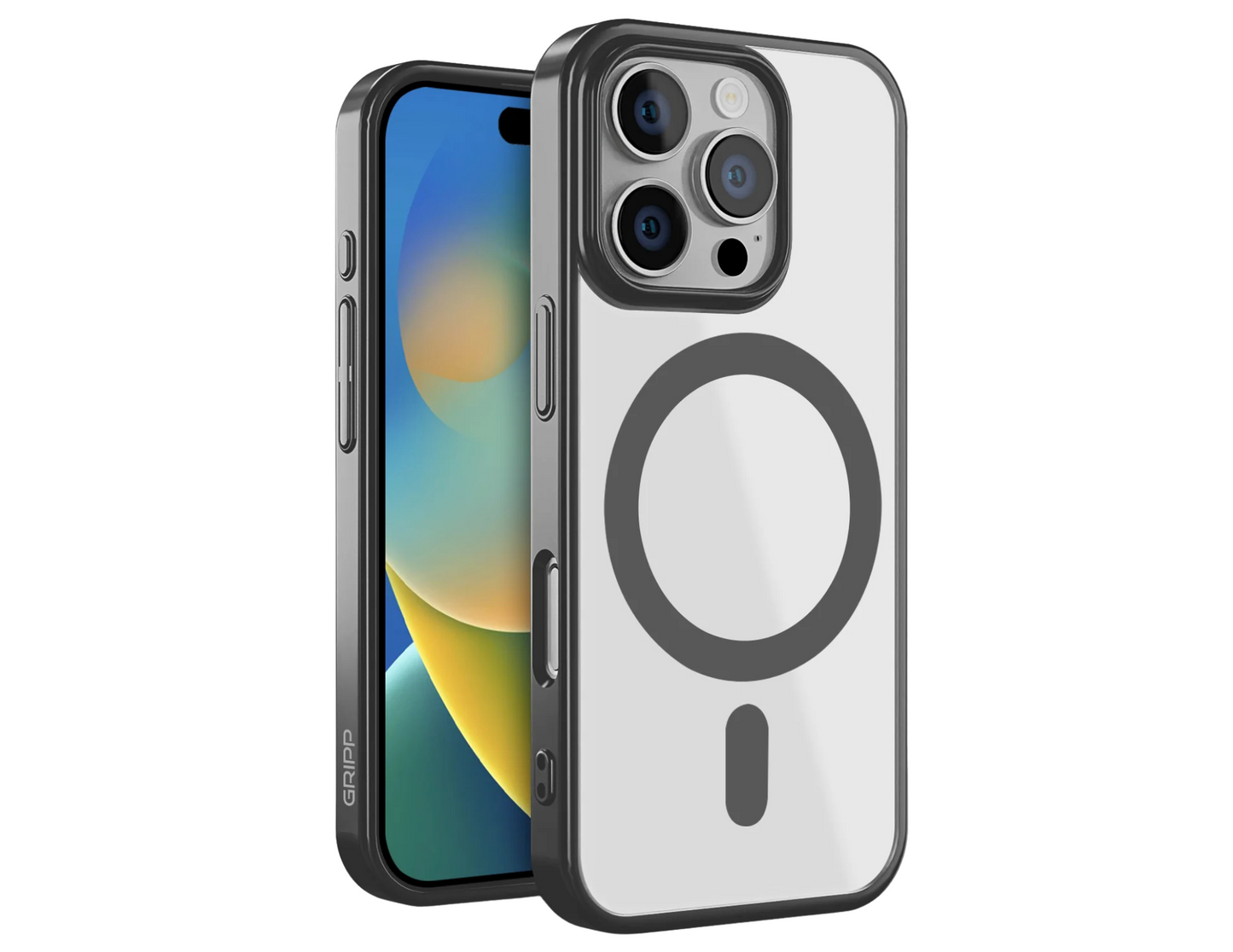Front and back view of GRIPP Glacier SlimMag Case for iPhone 16 Pro.