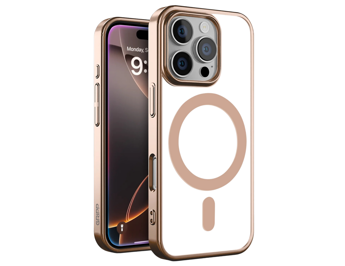 Front and back view of GRIPP Glacier SlimMag Taupe Gold Case for iPhone 16 Pro.