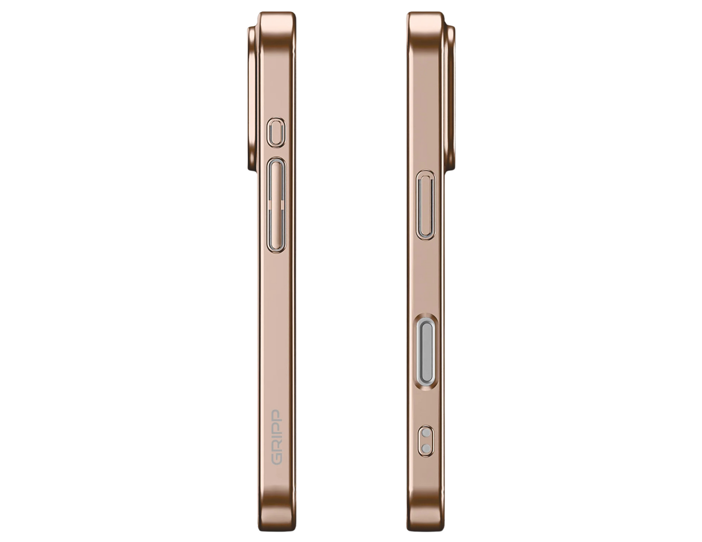 Side view of the GRIPP Glacier SlimMag Taupe Gold Case showing the matte metallic bezel.