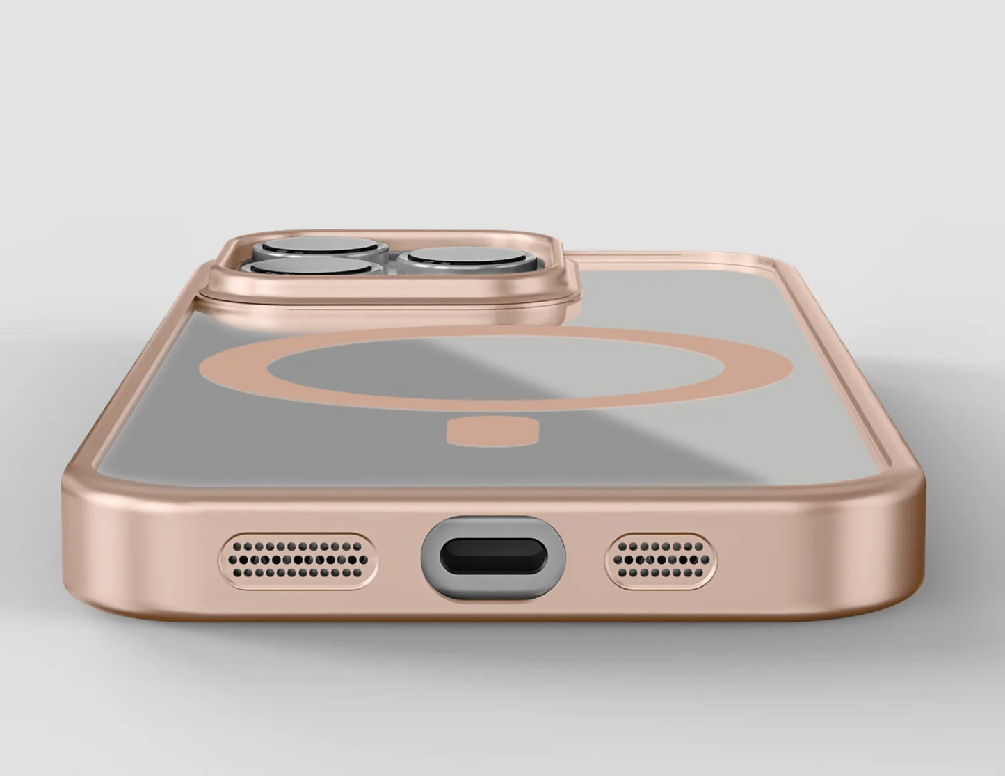 GRIPP Glacier SlimMag Taupe Gold Case highlighting its raised edges for camera and screen protection.