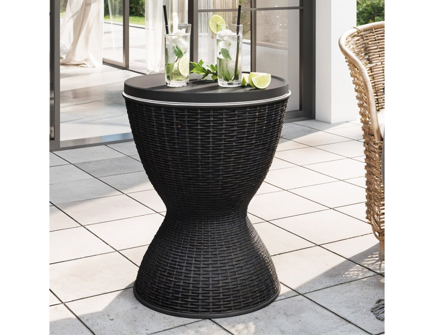 Ice Table multifunctional outdoor cooler table, weather-resistant polymer with height-adjustable tabletop and 8-gallon cooler for up to 40 cans, on patio