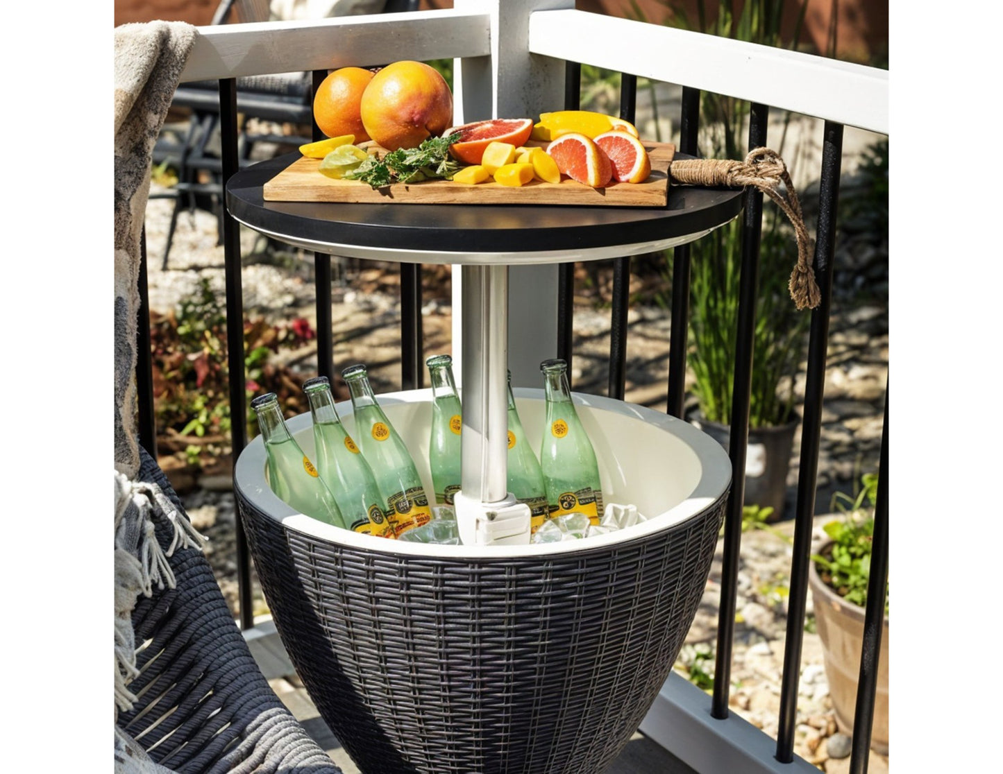 Ice Table multifunctional outdoor cooler table, weather-resistant polymer with height-adjustable tabletop and 8-gallon cooler for up to 40 cans, on patio