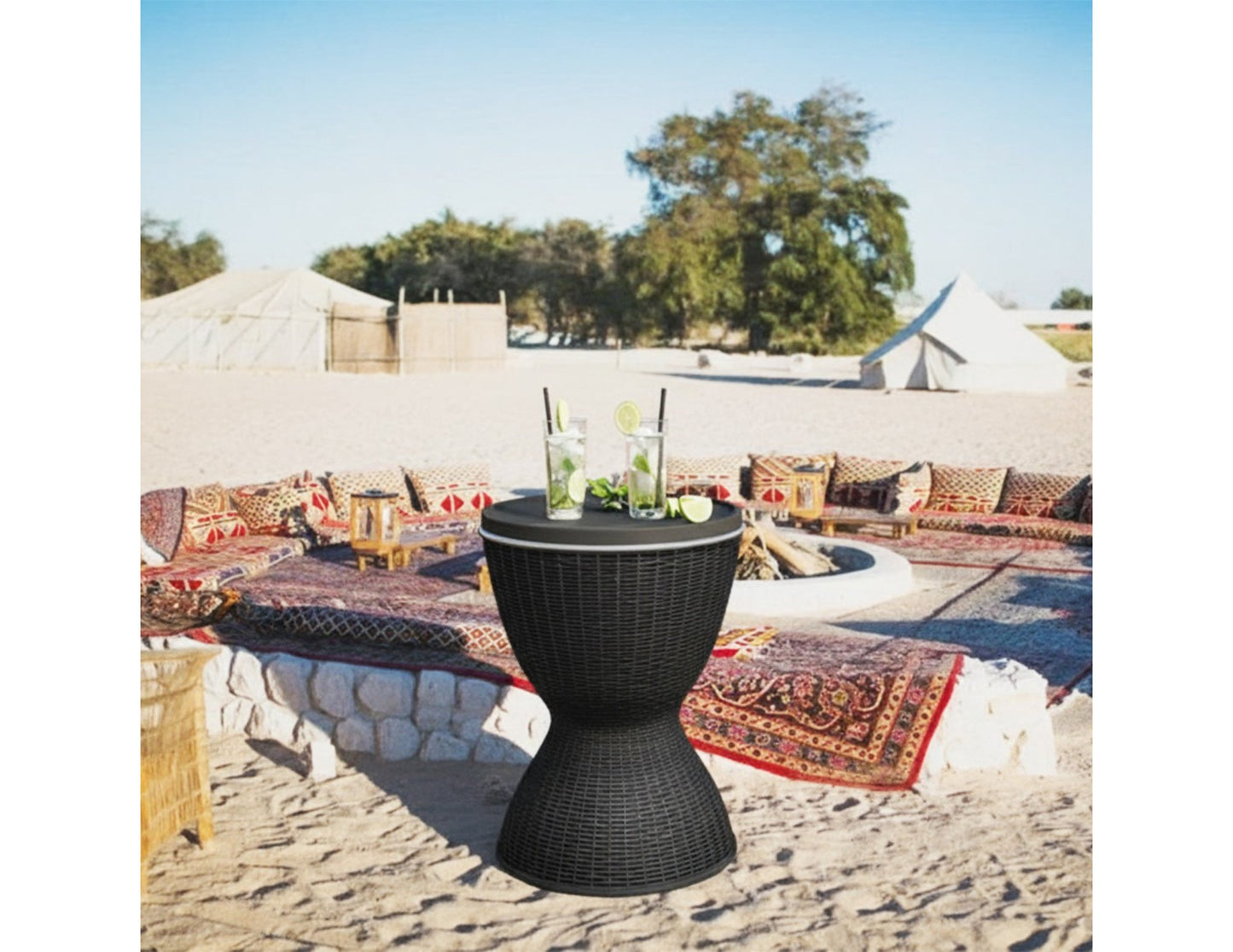 Ice Table multifunctional outdoor cooler table, weather-resistant polymer with height-adjustable tabletop and 8-gallon cooler for up to 40 cans, on patio