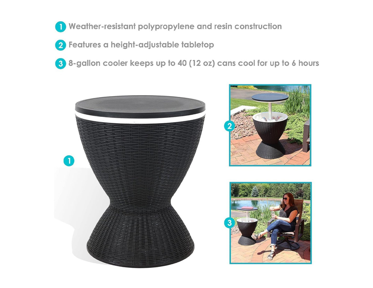 Ice Table multifunctional outdoor cooler table, weather-resistant polymer with height-adjustable tabletop and 8-gallon cooler for up to 40 cans, on patio