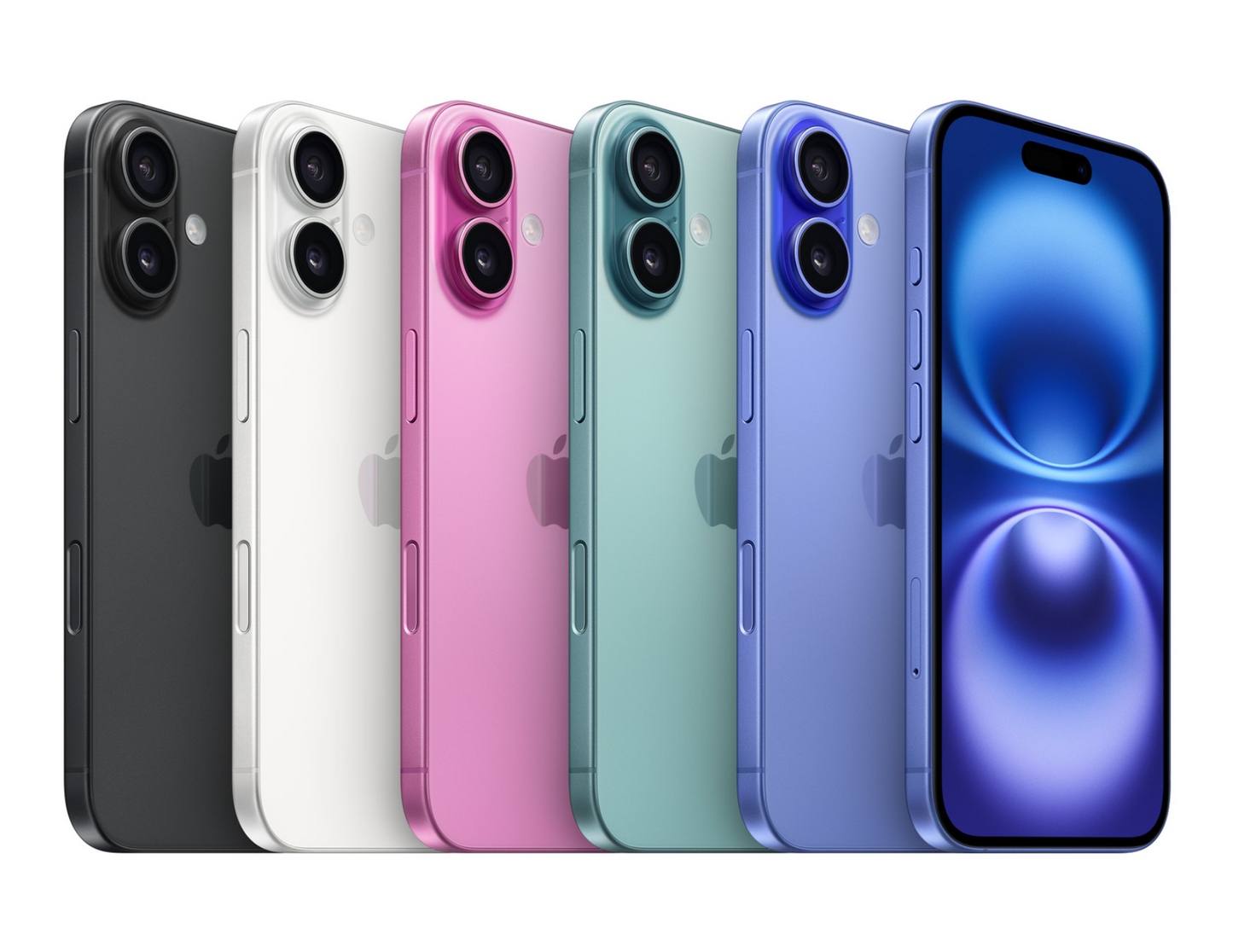 Apple iPhone 16 back view showcasing all colors: Black, White, Pink, Teal, and Ultramarine