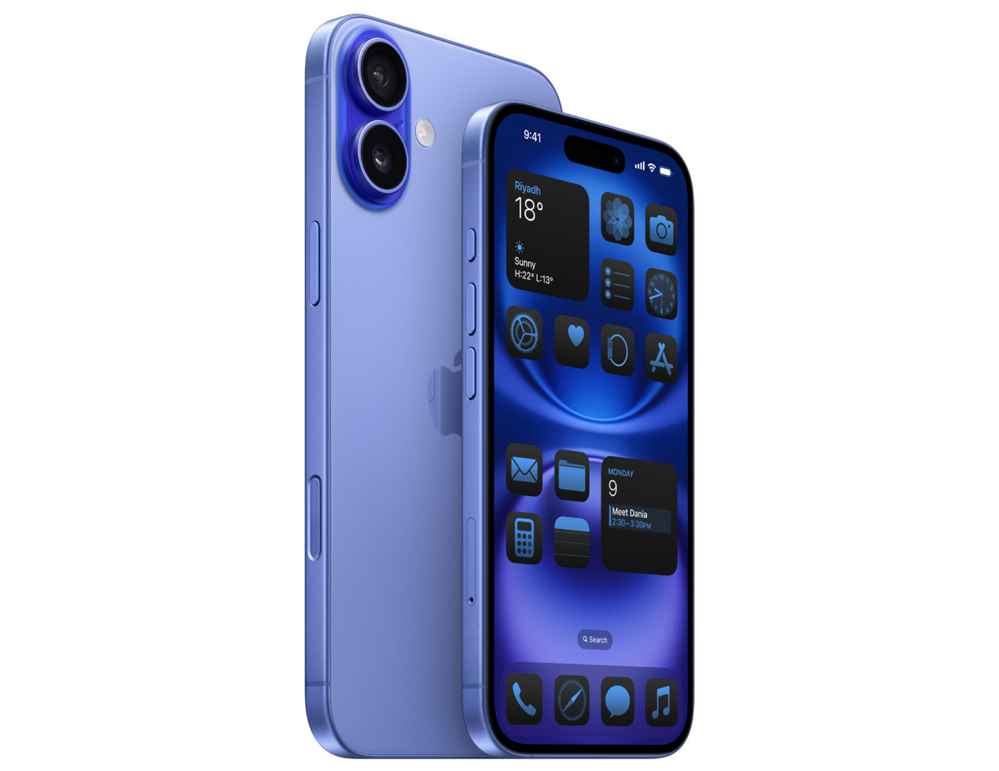 Apple iPhone 16 back and side view in Ultramarine