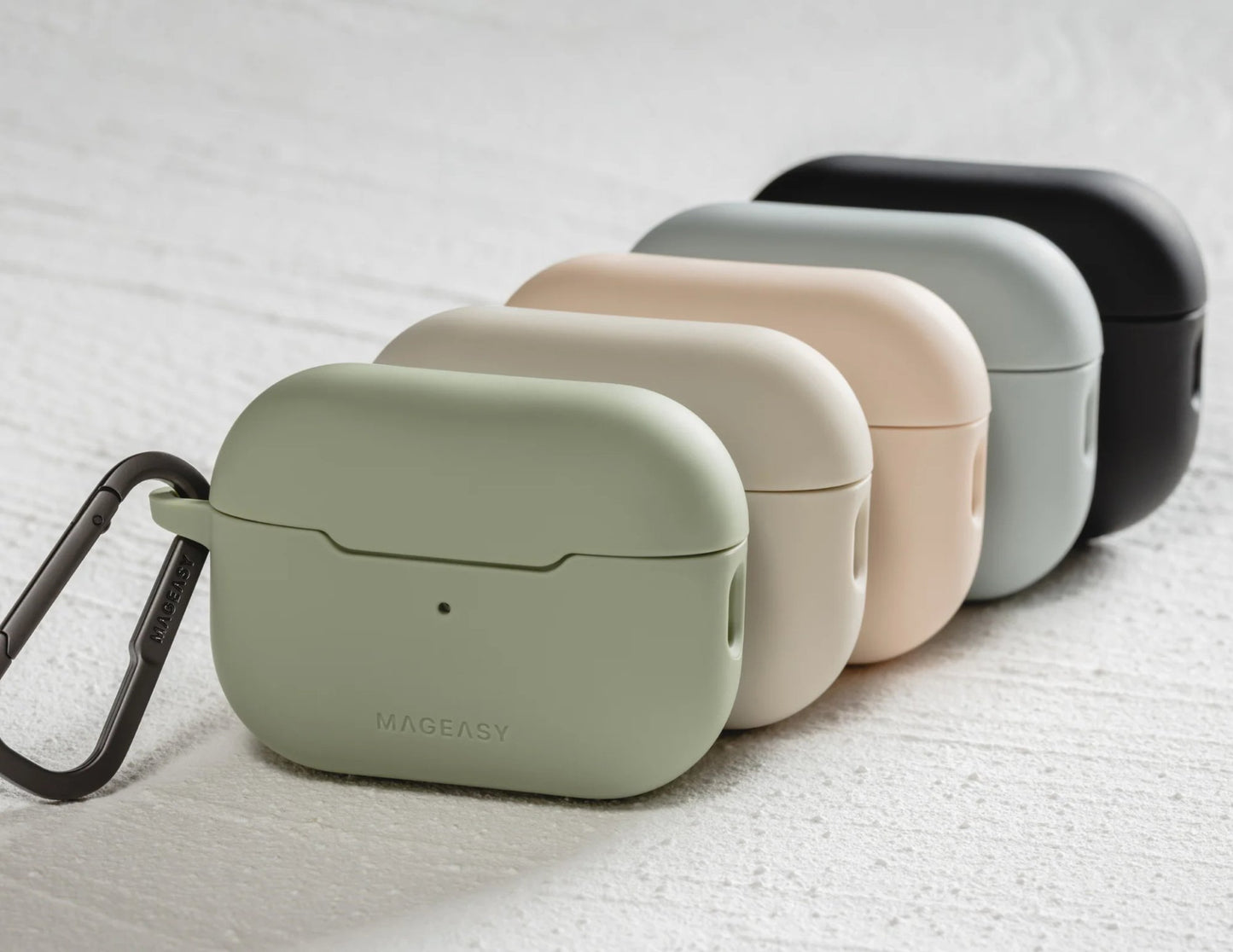 MagEasy AirPods Case color variants including Black, White, Pink, Gray, and Green.
