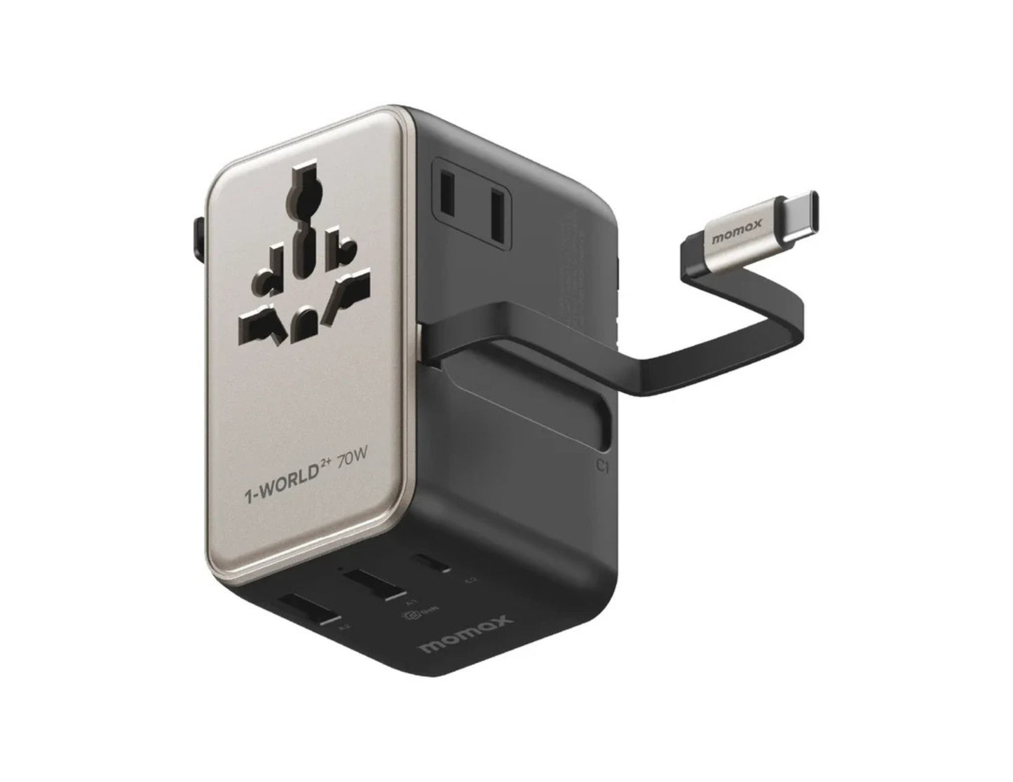 Momax 1-World²⁺ 70W dual AC travel adapter with retractable USB-C cable and universal plugs.