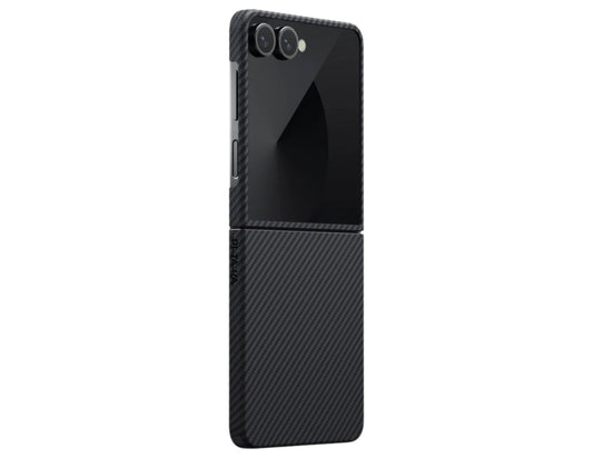Pitaka Ultra-Slim aramid fiber case for Samsung Galaxy Z Flip 7 Black/Grey, MagSafe compatible, featherlight, scratch-resistant, at Thabthaba Store Qatar