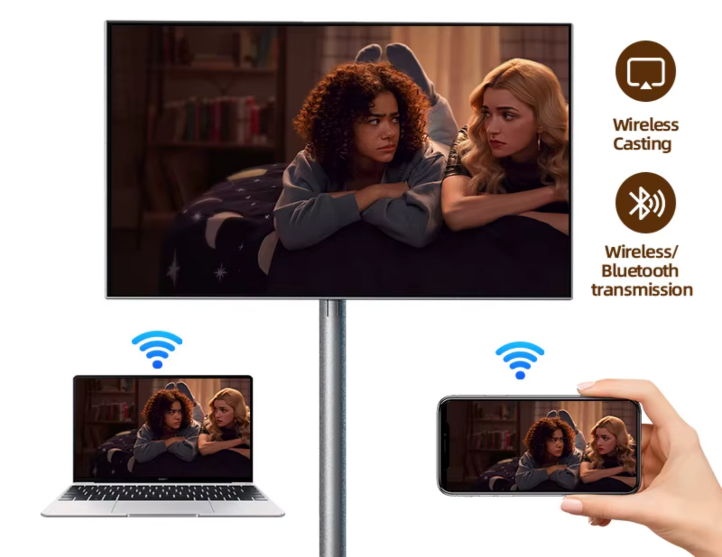 Smart touchscreen display with wireless screen mirroring and connectivity.