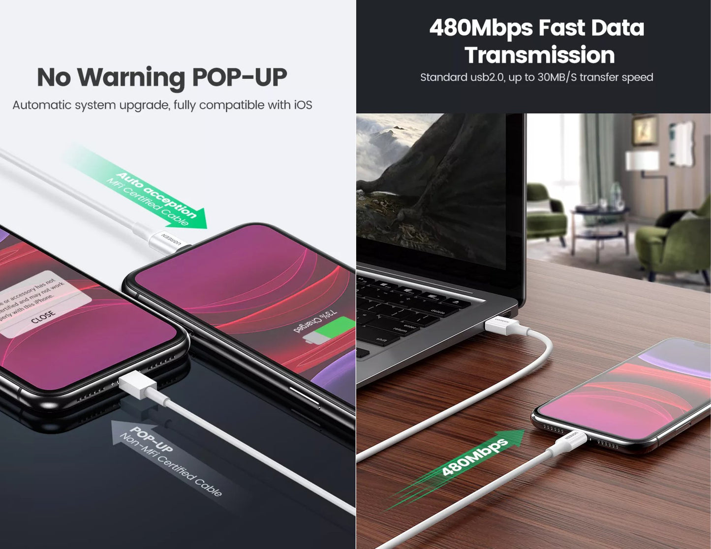 Ugreen USB-A to Lightning MFi certified cable 2M white at Thabthaba Store Qatar.