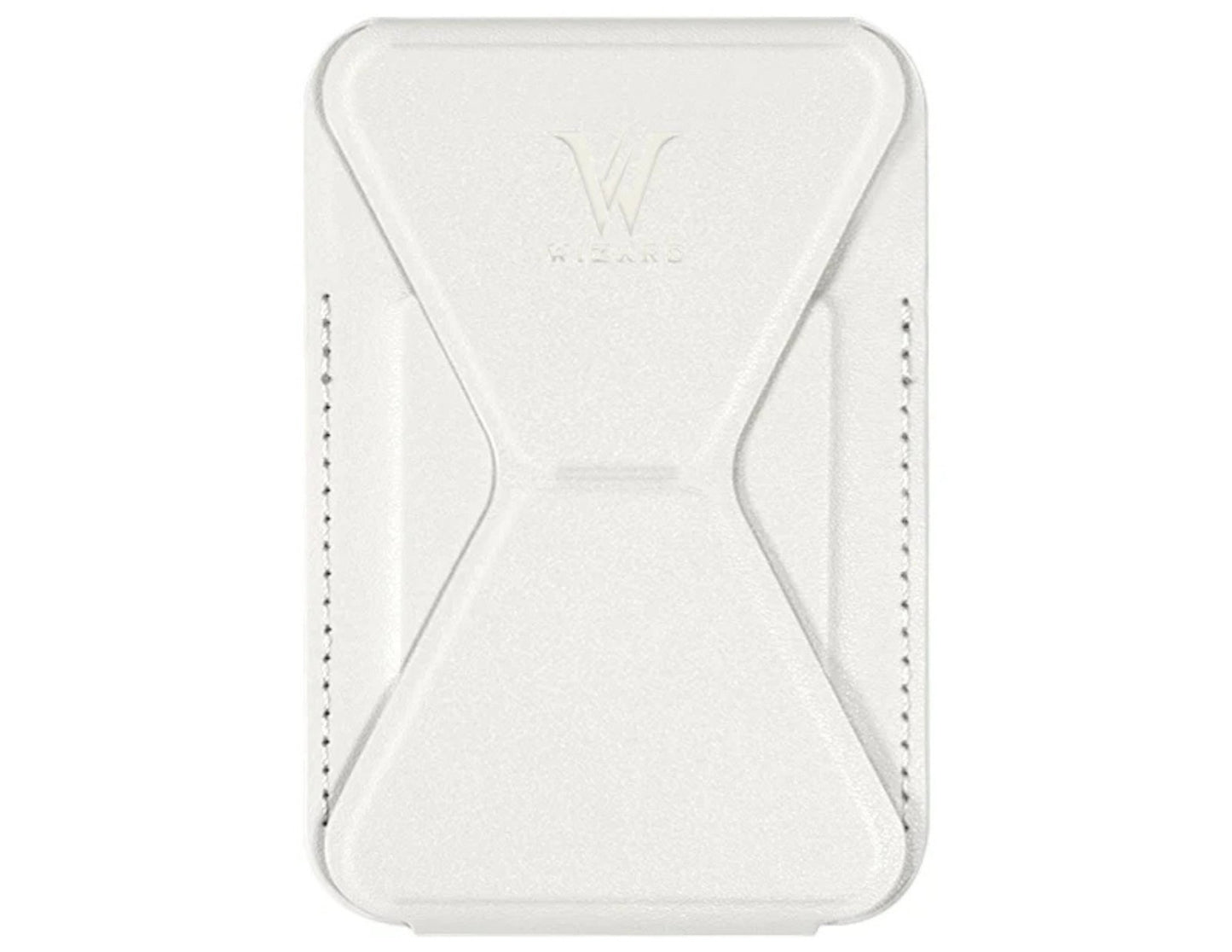 Wizard ARCO Card Case MagSafe wallet stand, premium leather, magnetic attach, holds cards, adjustable stand, shown in use with iPhone, at Thabthaba Store Qatar