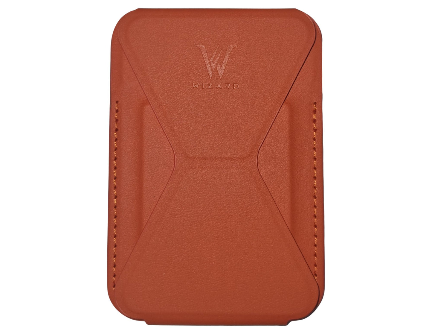 Wizard ARCO Card Case MagSafe wallet stand, premium leather, magnetic attach, holds cards, adjustable stand, shown in use with iPhone, at Thabthaba Store Qatar
