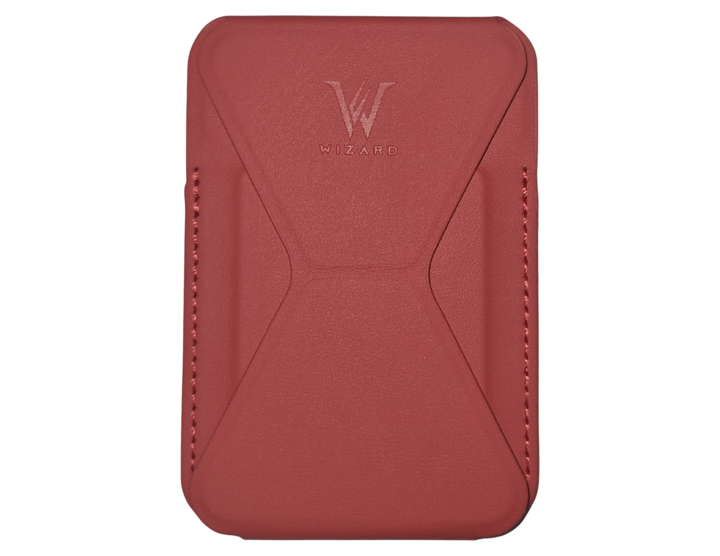 Wizard ARCO Card Case MagSafe wallet stand, premium leather, magnetic attach, holds cards, adjustable stand, shown in use with iPhone, at Thabthaba Store Qatar
