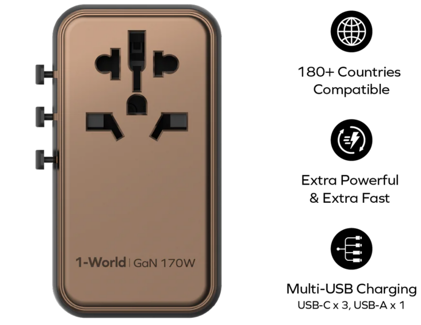 Momax - شاحن سفر 1-World 4 منافذ GaN بقوة 170 وات + كابل USB-C