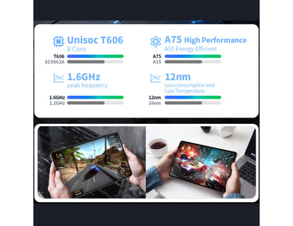 Technical specifications of Unisoc T606 processor displayed on a screen with images of people using tablets.