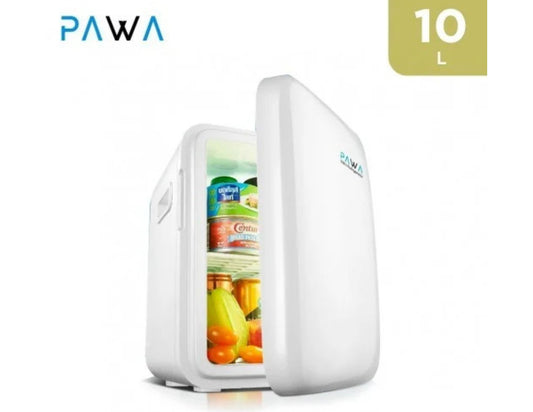 PAWA Mini Refrigerator 10L PW10LMR-WH with open door showing food items, branded 'PAWA', on a white background.