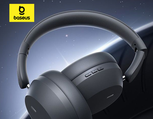 Gray headphones with baseus logo on a dark blue gradient background