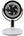 Tabletop fan with black blades and white base on a white background