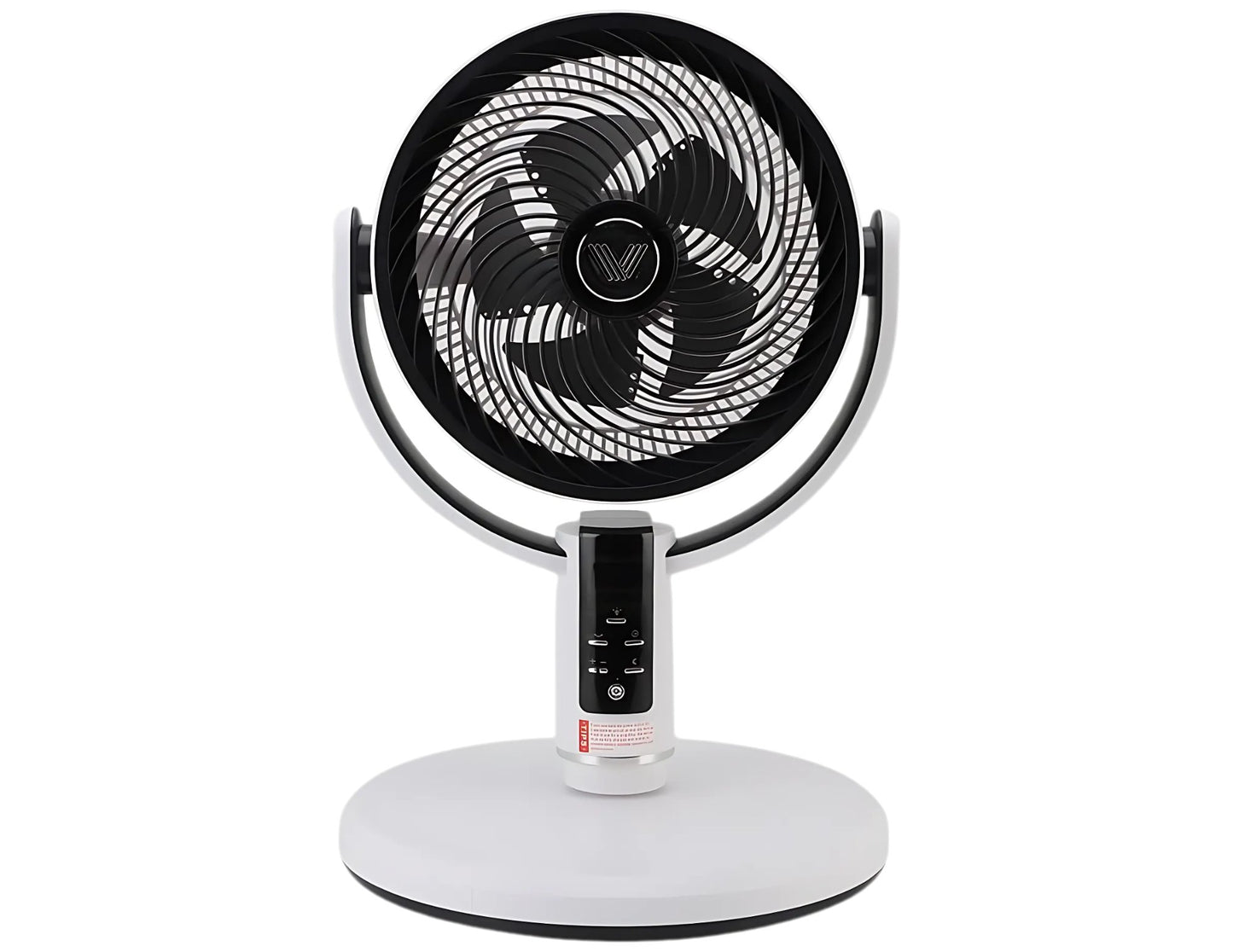 Tabletop fan with black blades and white base on a white background