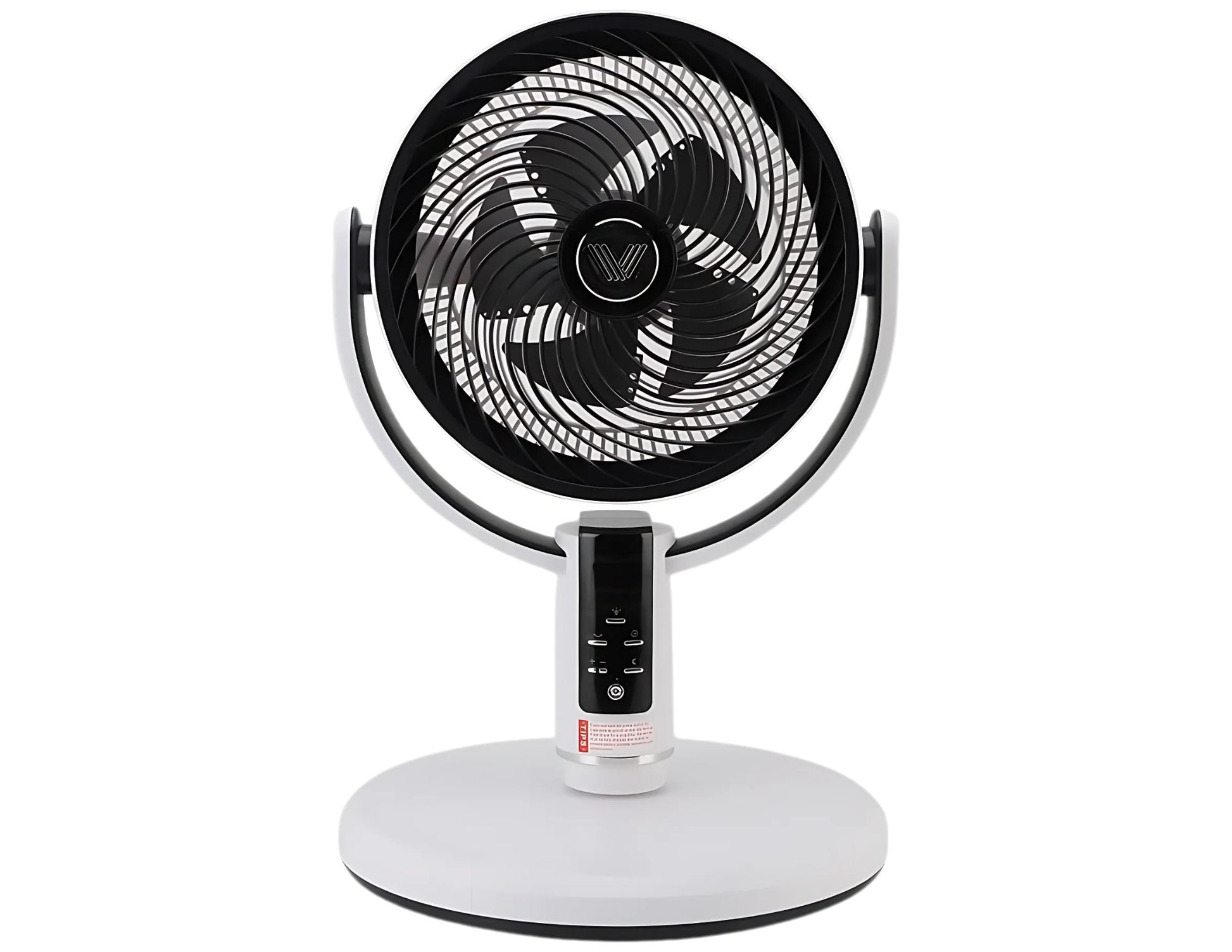 Tabletop fan with black blades and white base on a white background
