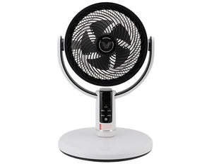 Tabletop fan with black blades and white base on a white background