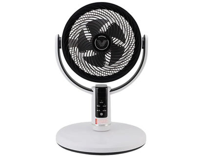 Tabletop fan with black blades and white base on a white background