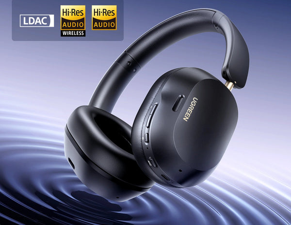 Black headphones with 'URBANE' branding on a blue water ripple background, featuring LDAC and Hi-Res Audio logos.