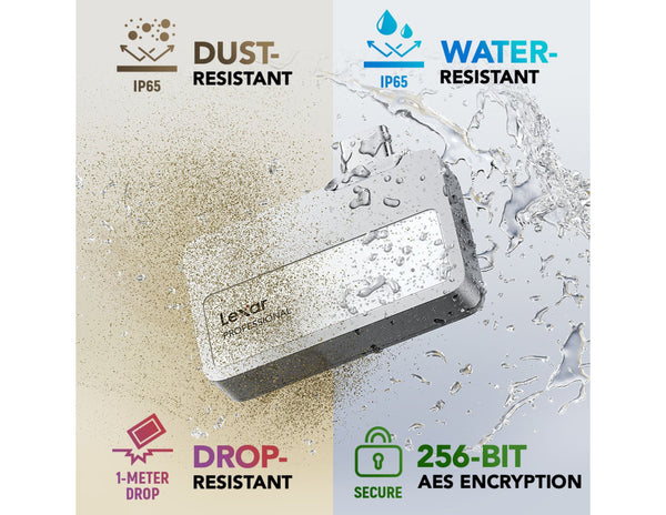 Lexar memory card with dust, water, drop, and encryption features on a white background