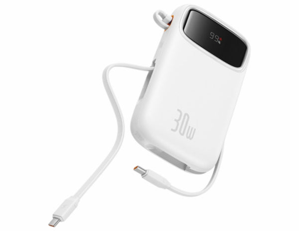 White Baseus Power Bank device with a cable on a white background