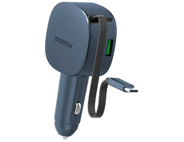 Momax 1-Move⁺ 2-Port Car Charger With Built-In Retractable Cable 60W (UC19E) with USB ports and a clip on a white background, featuring the Momax brand.