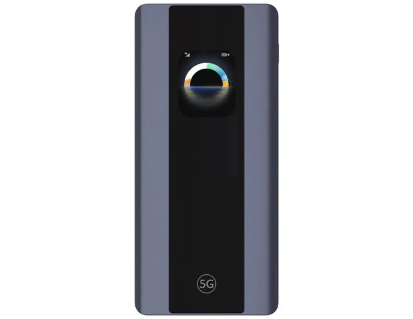Black and gray electronic device with 5G logo on a white background
