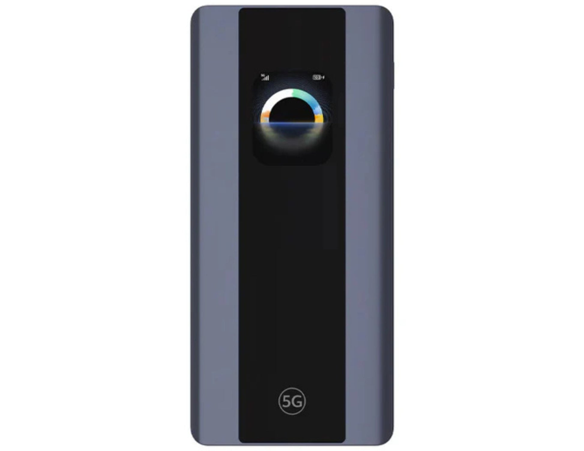 Black and gray electronic device with 5G logo on a white background