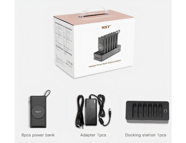 WST 6-IN-1 10000mAh Power Bank Docking Station – PB932W6M with packaging, power bank, adapter, and docking station on a white background
