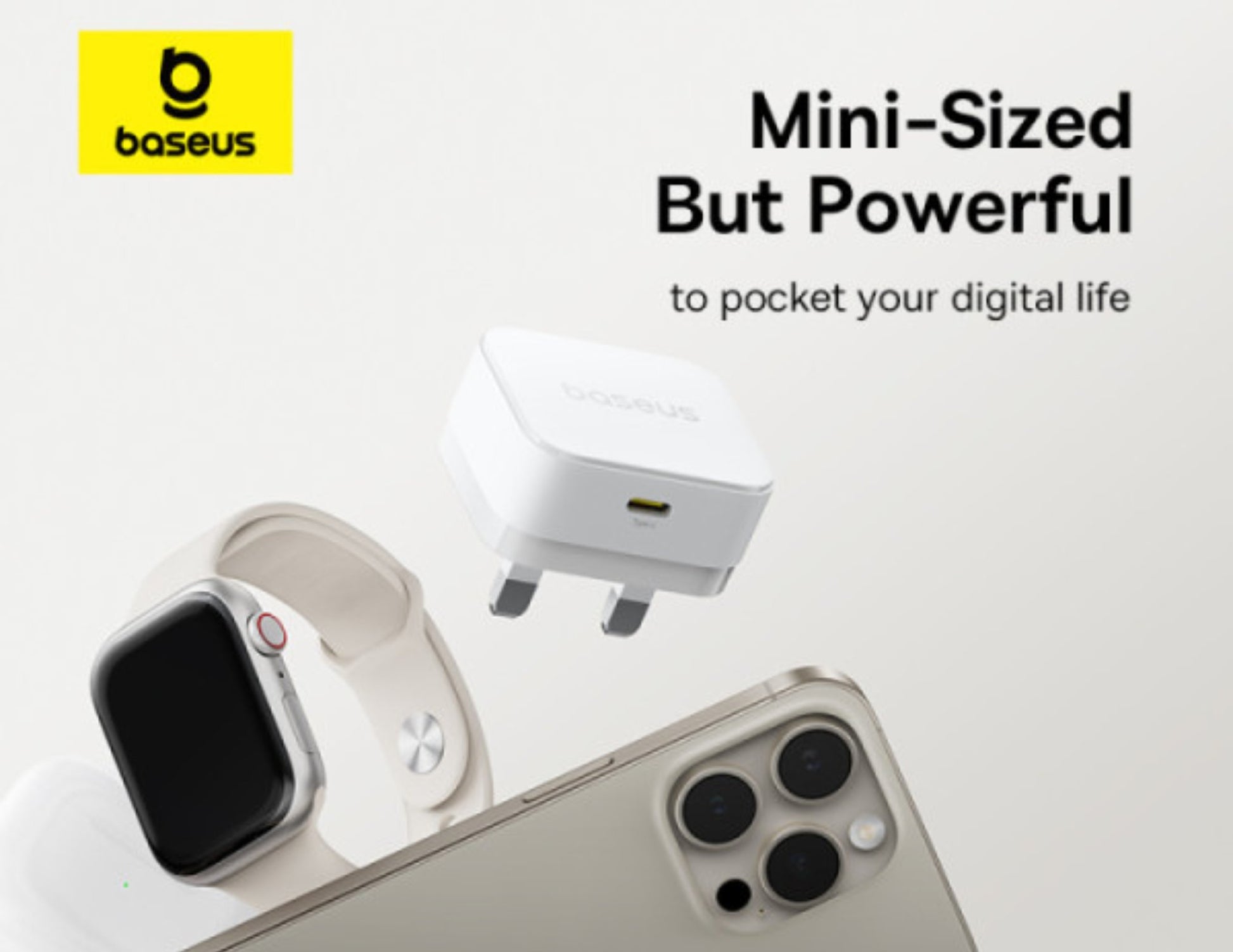 Baseus product with smartphone, smartwatch, and adapter on a white background