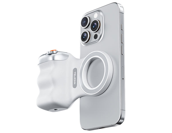 Smartphone with a white magnetic ring stand on a white background