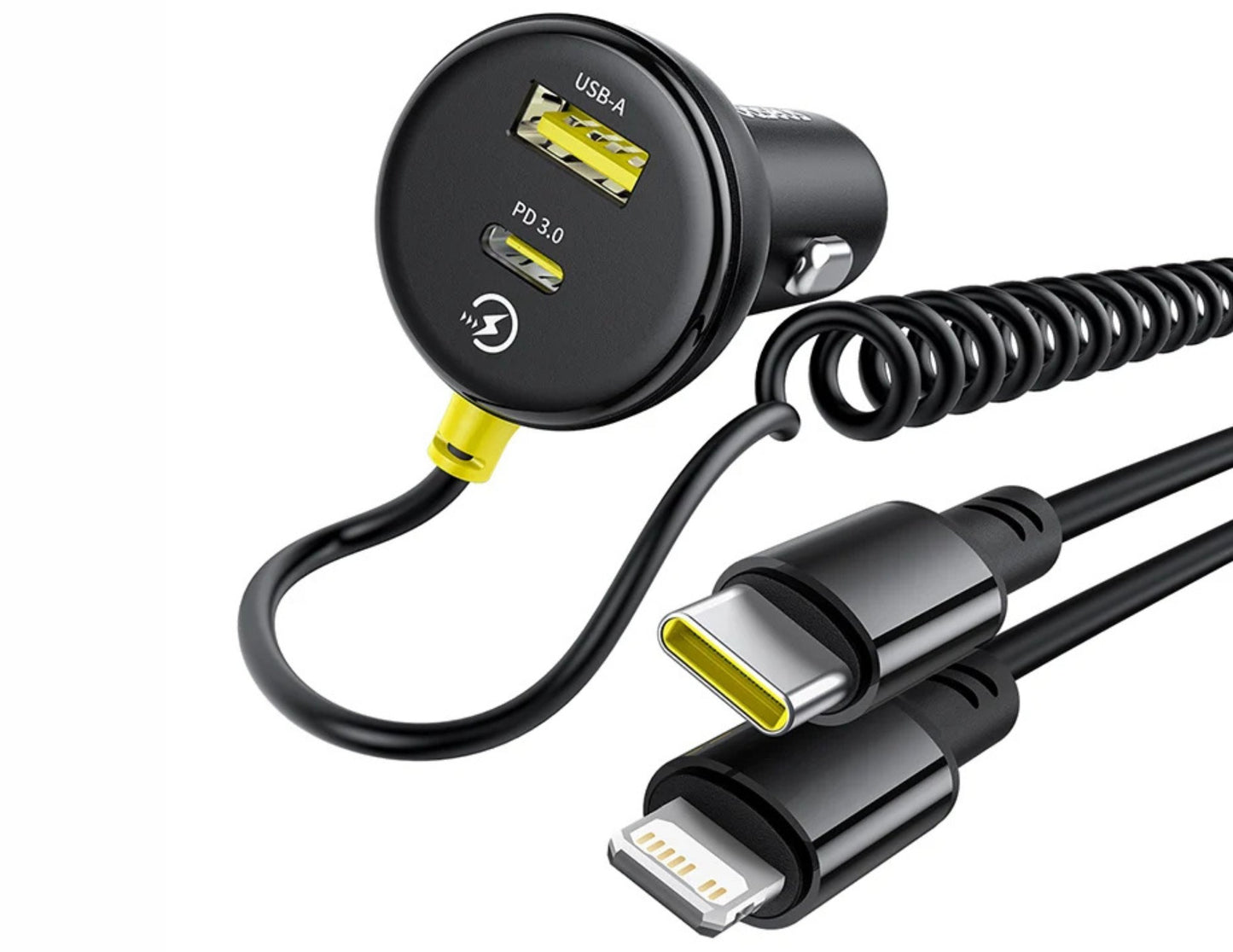 Car charger with USB ports and a coiled cable on a white background